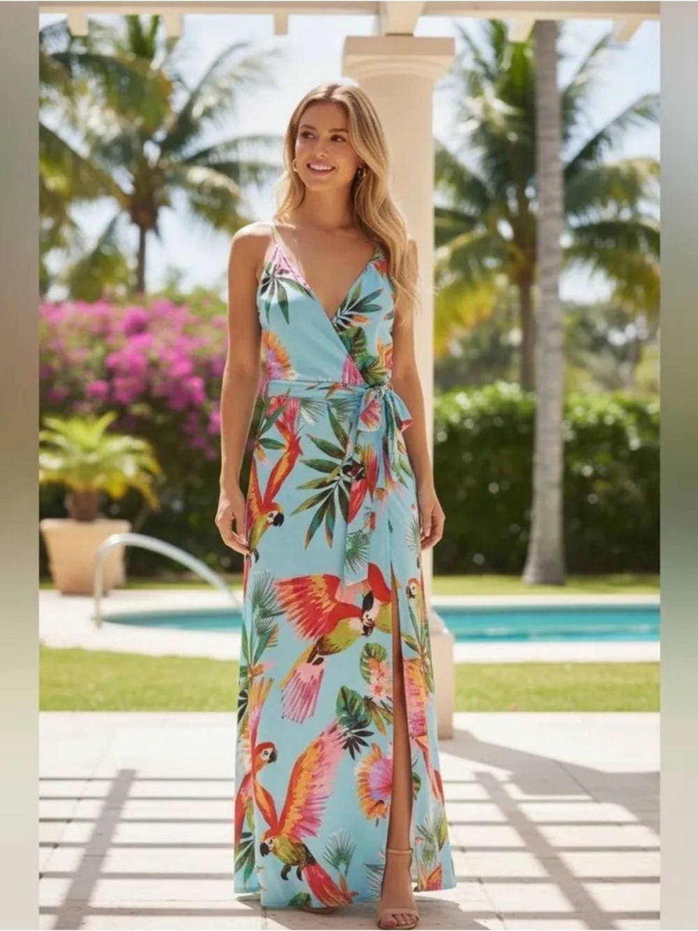 FARM Rio Blue Macaw Tropical Maxi Dress with bow and side slit | Size S